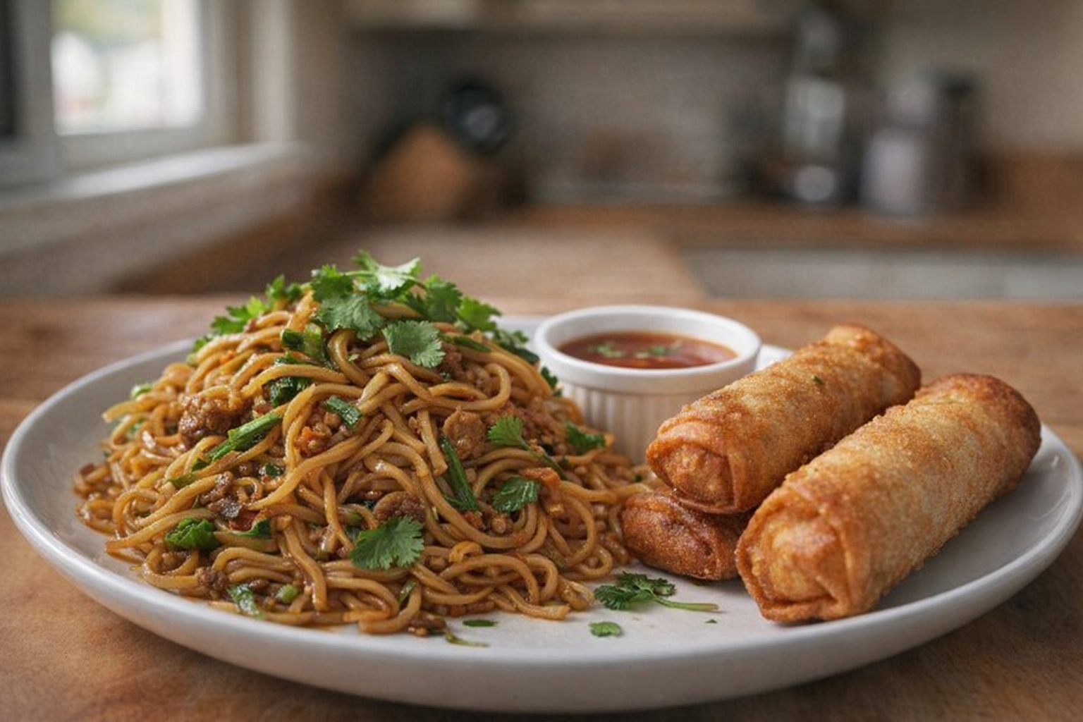 A serving of Chow Mein plated next to crispy spring rolls with dipping sauce, cilantro garnish, shot at eye-level with soft natural light